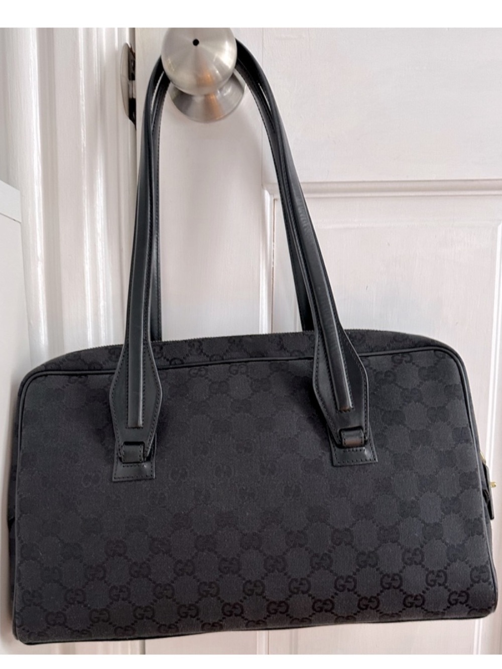 Gucci Black GG Canvas Shoulder Bag with Gold Hardware